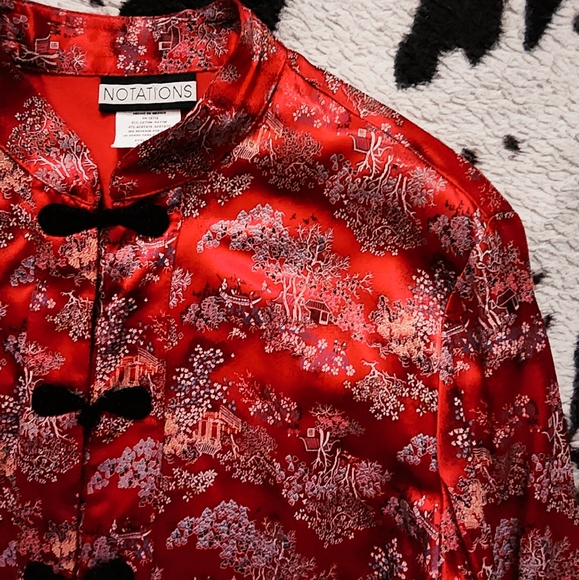 "NOTATIONS" WOMEN'S 80'S/90'S ORIENTAL BUTTON UP TUNIC - RED MULTI - Picture 3 of 5